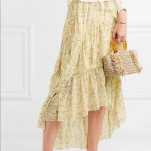 Ulla Johnson Marilyn Skirt Womens 10 Yellow Floral Silk Cottagecore Ruffle Midi